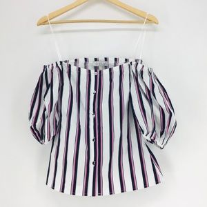 WAYF Striped Button Down Puff Sleeve Off Blouse